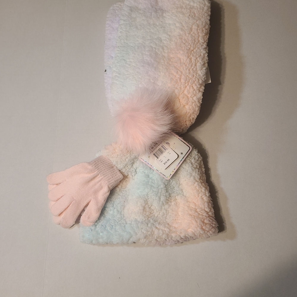 Love To Design Pink & Cream Girls Hat, Scarf, Glove Set NWT XS-S
